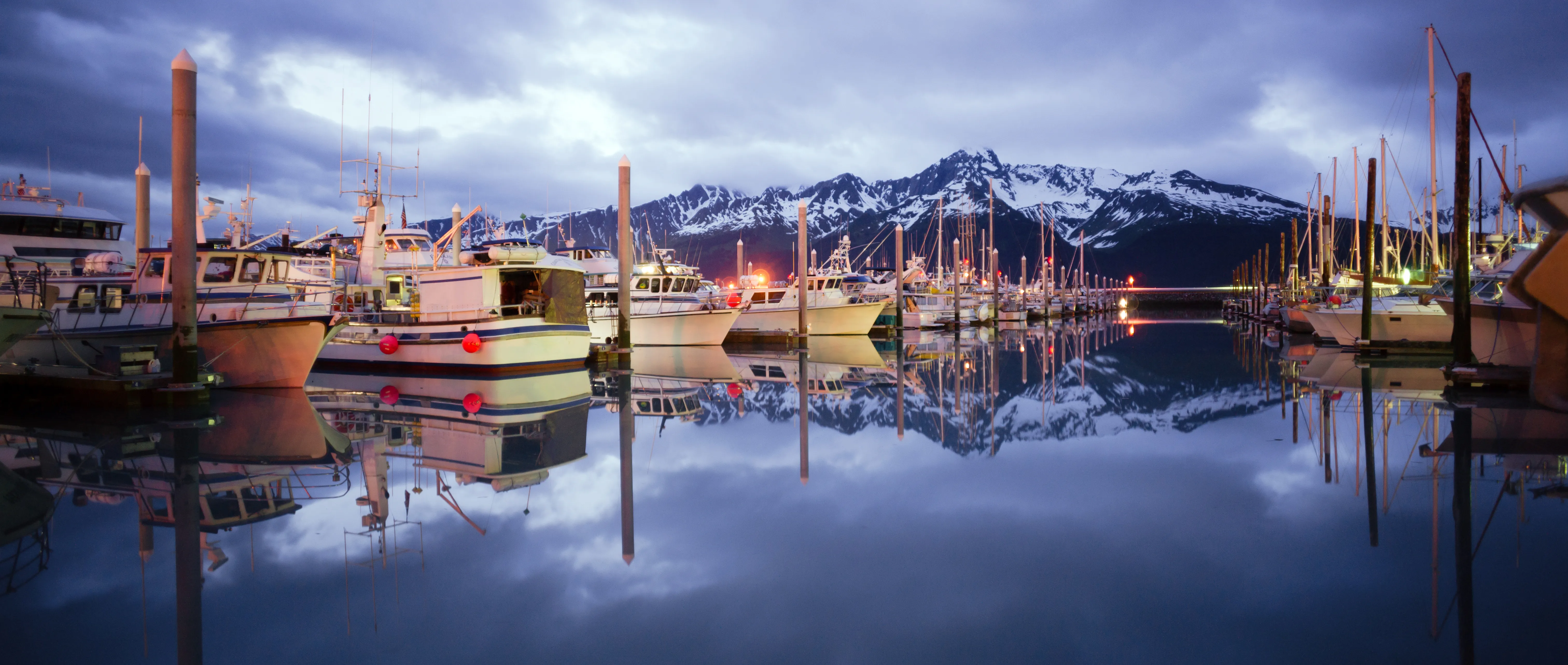 A marina in Alaska with rows of boats of various sizes parked at the docks.
