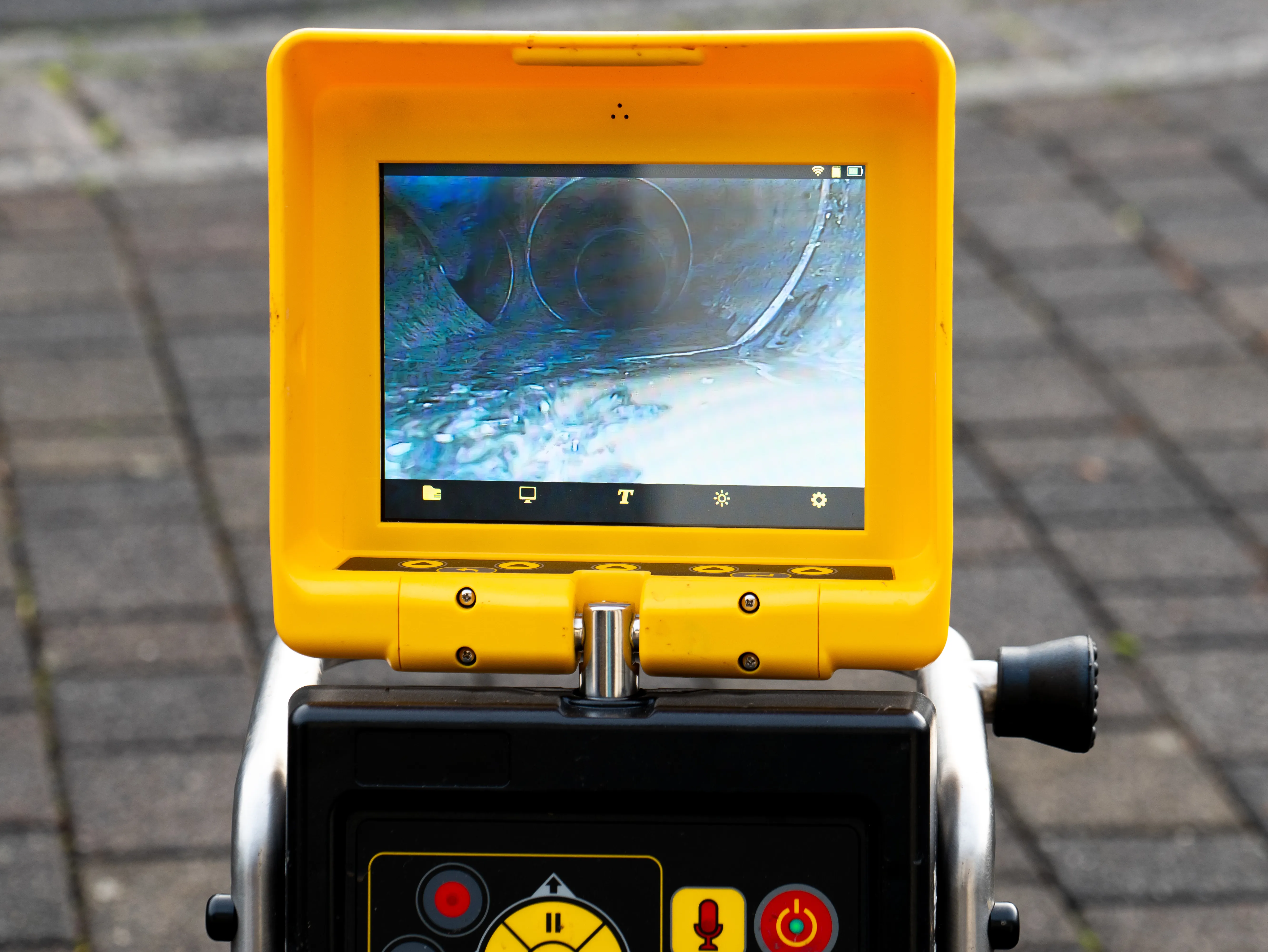 The yellow monitor of a drain scope. On the drain scope monitor is the interior of a concrete sewer pipe.